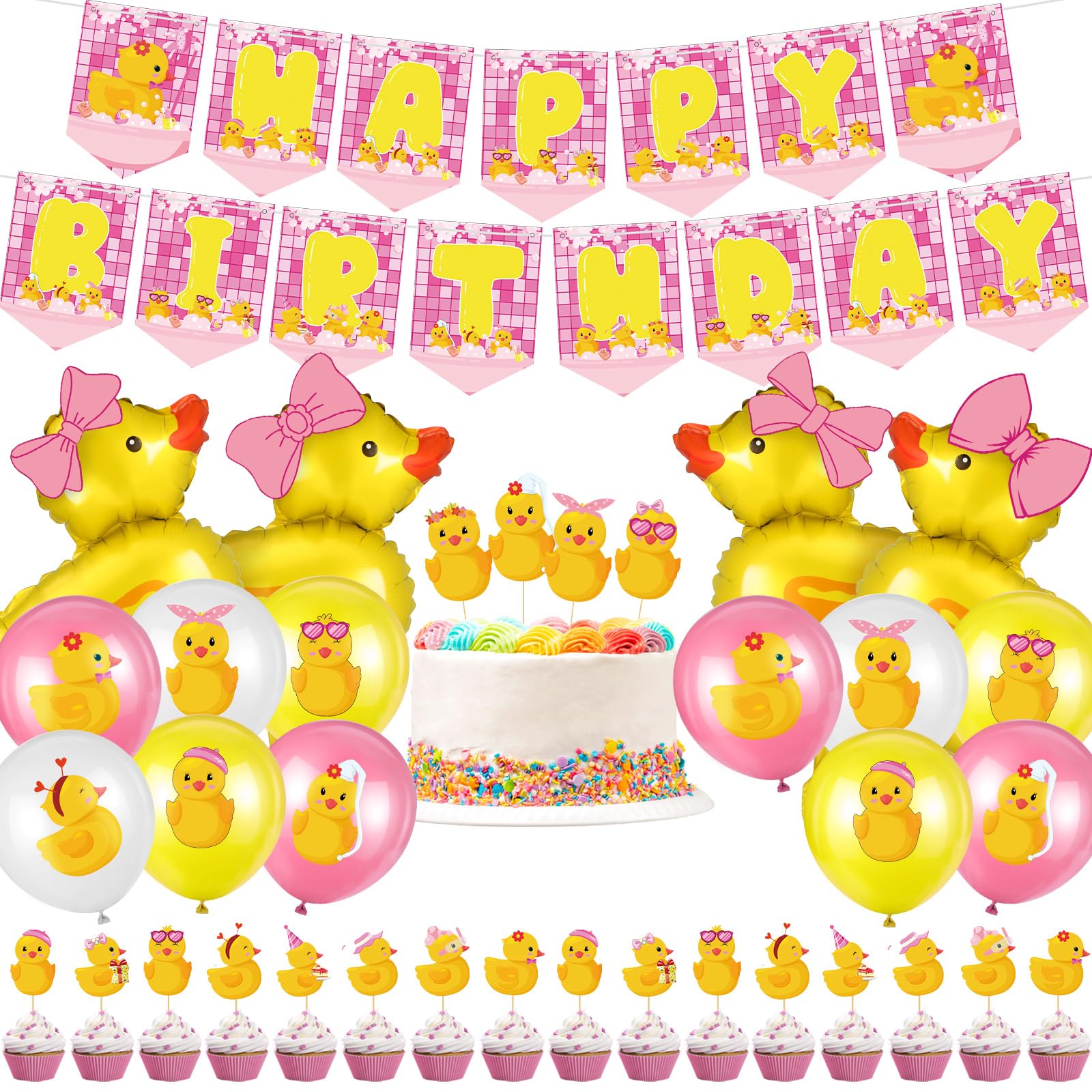 Photo 1 of Leitee 57 Pcs Pink Duck Birthday Decorations Balloons Party Happy Birthday Banner Cake Topper Cupcake Toppers Rubber Duck Decor for Birthdays Party Supplies