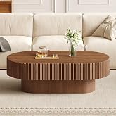 Merax Modern Wood Oval Coffee Table with Sturdy Base, Easy Assemble,Walnut | Wood Minimalist Fluted Center End Tables for Living Room,Office,Reception Room,