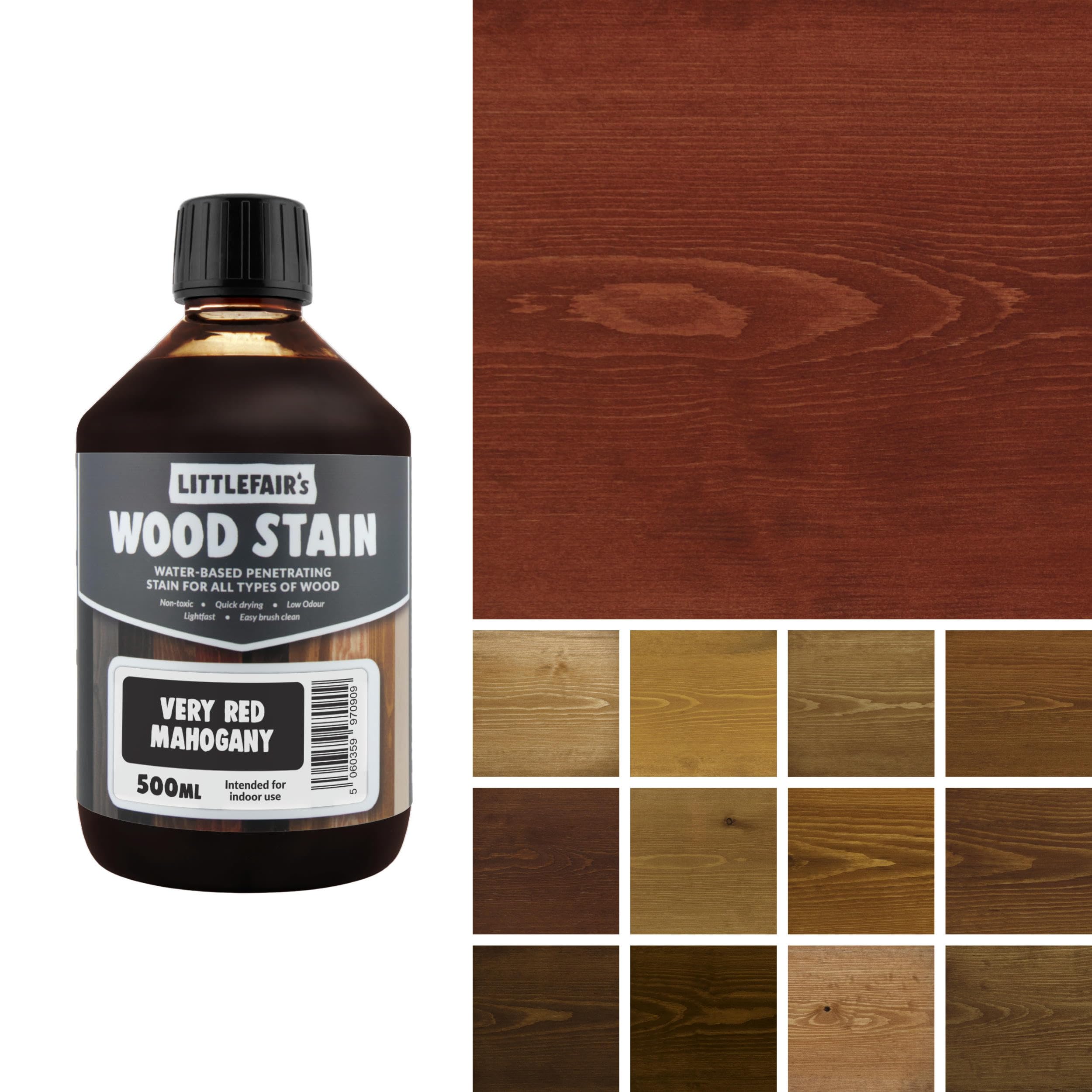 Littlefair's Wood Stain Water-Based - (Very Red Mahogany) – Non-Toxic, Eco-Friendly & Quick Drying - Easy-to-Apply, Concentrated Formula for All Wood Types – 500ml