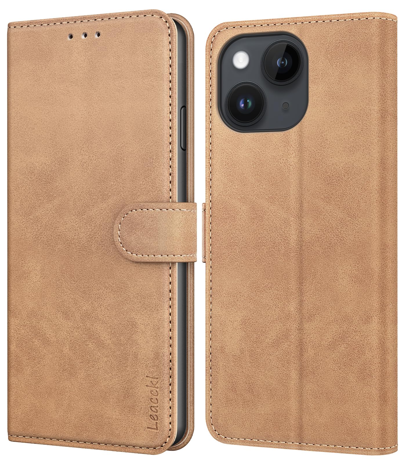 Leacckl for iPhone 13/14 Case, Leather Wallet Case, Flip Case with Card Holder and Magnetic Buckle, Khaki — image 1