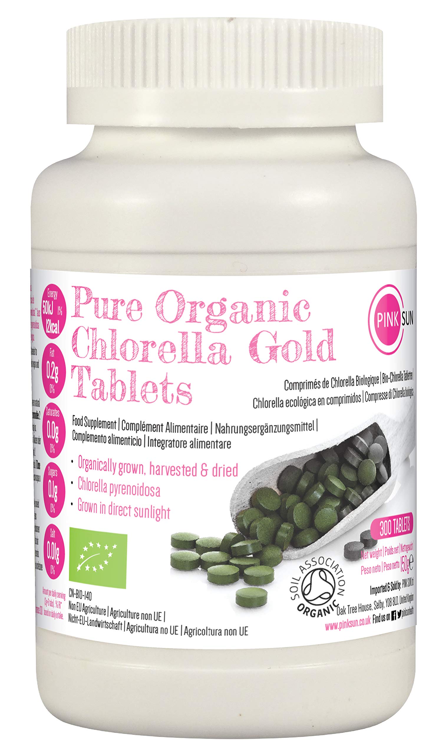 PINK SUN Organic Chlorella Tablets 500mg x 300 Tabs Pyrenoidosa with Broken Cell Wall Cracked Gluten Free Non GMO Suitable for Vegetarians and Vegans Certified Organic by The Soil Association 150g
