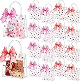 Geyoga 50 Pack Clear Valentine's Day Heart Gift Bags with Handle Bow 6.3 x 5.9 x 2.8 Inch PVC Goodies Tote Reusable Gift Wrapping Candy Bags for Valentines Wedding Birthday Bridal Party(Red, Rose)