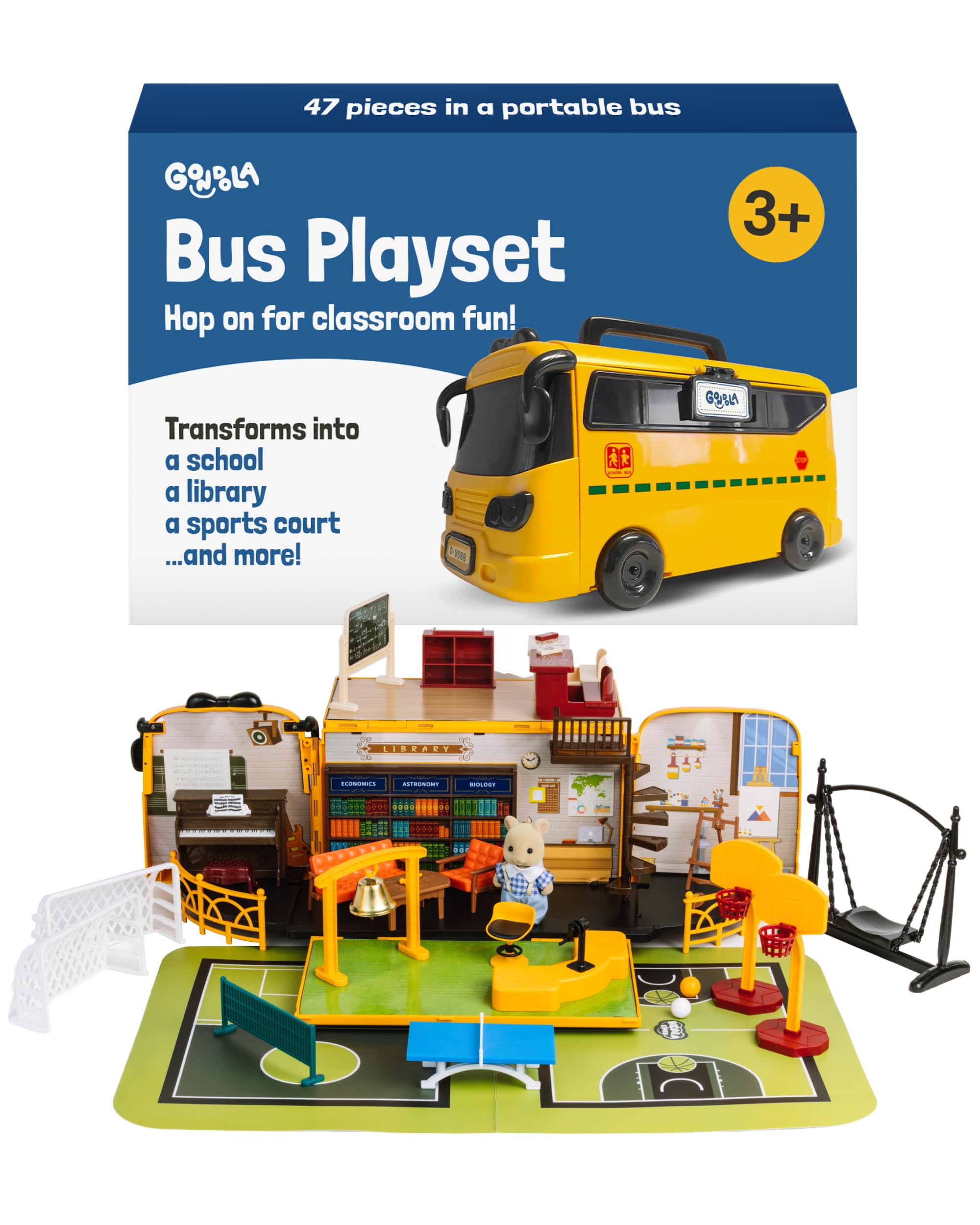 Gondola School House Playset - 47-Piece Multi-Colored Plastic, Ages 3+ - Transforming Bus with Toy Figures & Playsets in Portable Carry Case