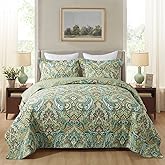 NEWLAKE Cotton Bedspread Quilt Sets - Reversible Patchwork Coverlet Set, European Green Floral Pattern, California King Size