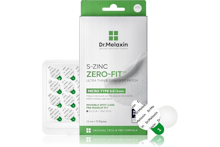 Dr.Melaxin S-ZINC ZERO-FIT Ultra Thin Blemish Spot Patch 0.013mm Invisible Pimple Stickers with Sulfur, Salicylic Acid, AHA & PHA, Seamless Under Makeup Face Cover, 12mm x 72 Patches