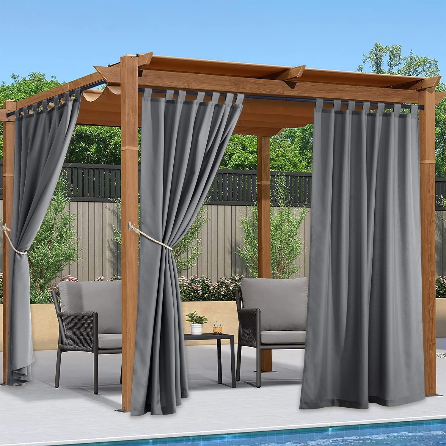 Outdoor Curtains - NICETOWN 2 Panels Outdoor Patio Curtains Waterproof, Tab Top Thelmal Insulated Privacy Indoor Outdoor Living Dividers Vertical Drapes for Gazebo/Dock, Grey, W55 x L84