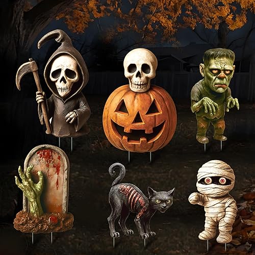 ComboJoy 6 Pack Halloween Yard Signs, 3D Printed Large Halloween Yard Decorations with Stakes, Waterproof Scary Outdoor Holiday Decor for Yard Lawn Garden, 16” Big Size