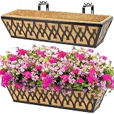 Karlliu 2 Pack 24 Inch Window Boxes Planters Railing Planter Box with Adjustable Brackets for Porch Fence Patio Balcony Hanging Flower Baskets with Coco Liners for Outdoor Garden D&eacute;cor - Black