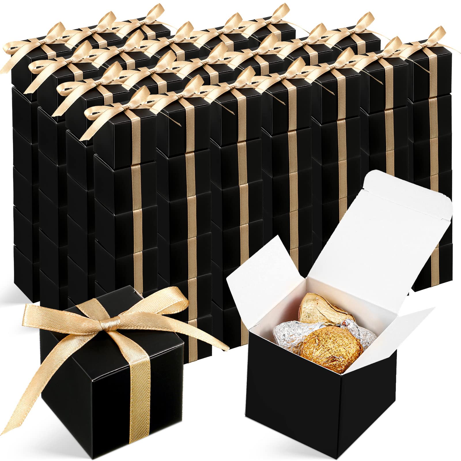 Photo 1 of Jutom 100 Pcs Mini Favor Boxes Extra Small Candy Boxes Paper with Gold Ribbon for Birthday Back to School Baby Shower Wedding Party Supplies(2 x 2 x 2 Inch,Black)