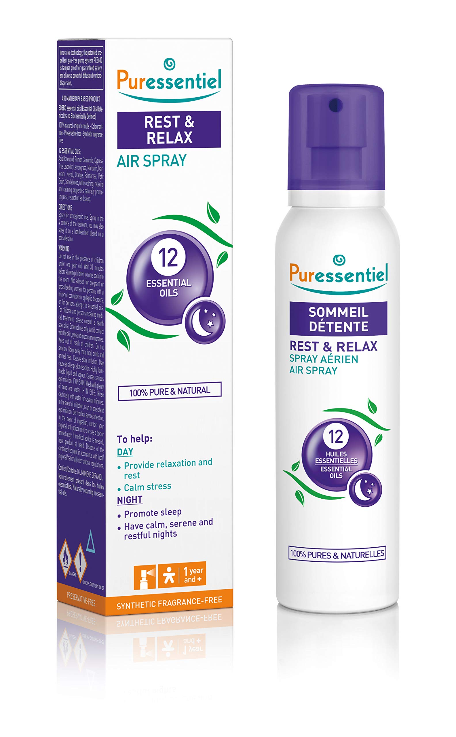Puressentiel Rest & Relax Air Spray 200ml - Create a Relaxing Space Ready for a Rejuvenating Sleep - 100% Natural - 12 Essential Oils Including Lavender & Chamomile