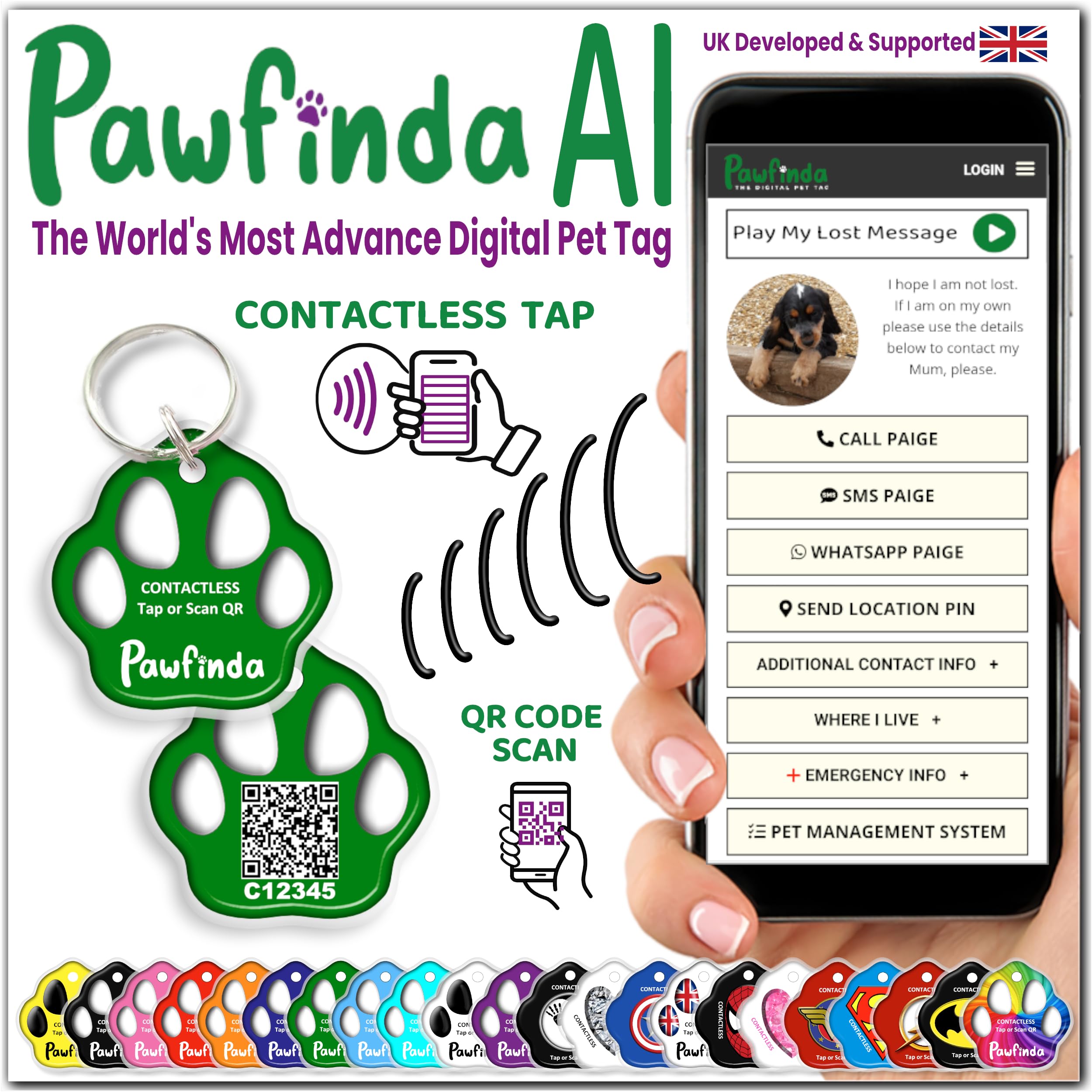 PAWFINDA – Next-Generation Personalised Cat & Dog ID Tag | Engraved Pet Tag with CONTACTLESS NFC, QR Code Technology & PawVoice AI | No App Required | Waterproof & Durable | UK-Based Support