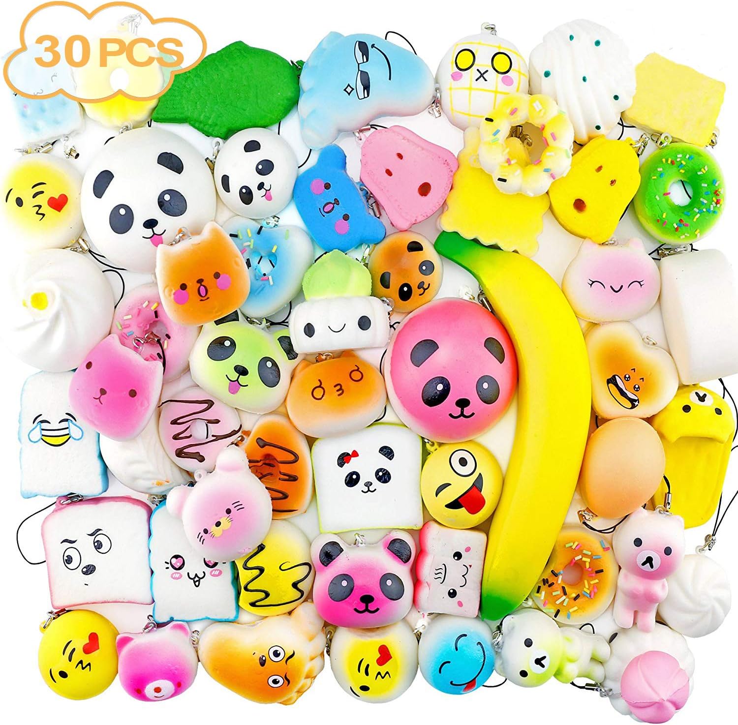 Amazon Wukada スクイーズ 30個 セット 可愛い おもちゃ 低反発 い パンストレス解消グッズ ストラップ 香りつき 子供 プレゼント玩具 Squishy スクイーズ おもちゃ