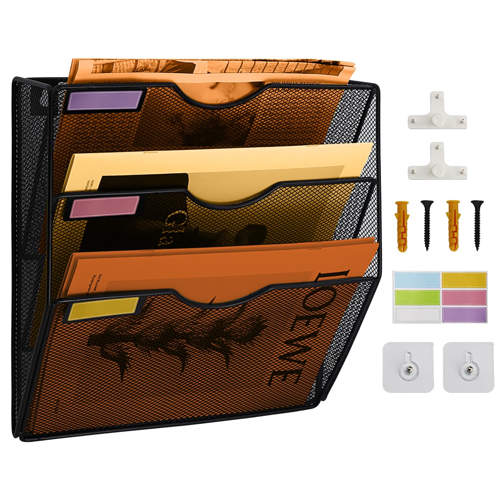 PLSOPPKG 3 Tier Hanging Wall File Holder, Metal Mesh Magazine Rack, A4 Wall Pocket File Holder, Mail Organiser Magazine Storage Rack, Wall Mounted File Organizer, Black