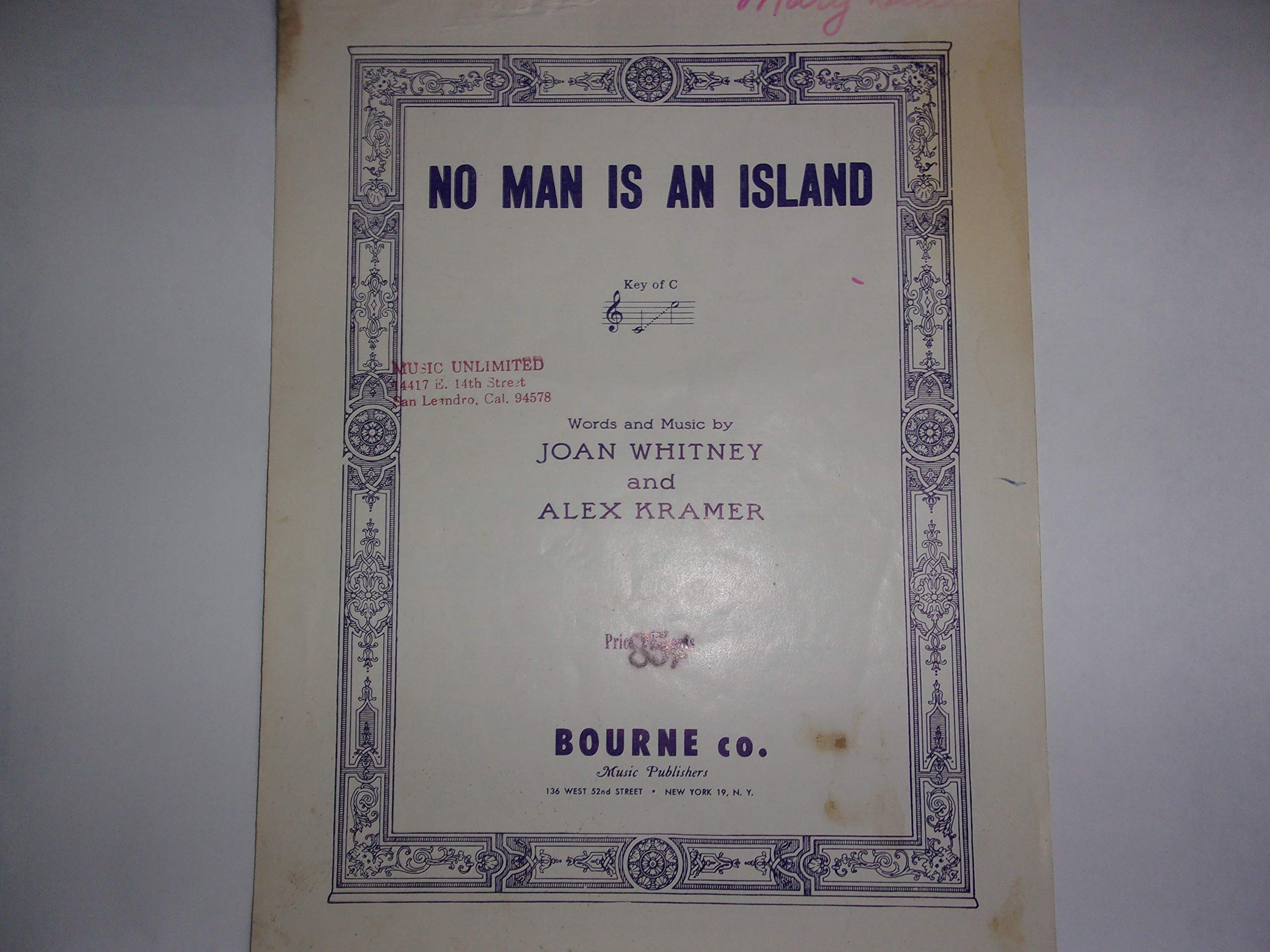 No Man Is An Island Sheet Music Whitney Joan Alex Kramer Words And Music By Books