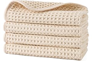 POLYTE Microfiber Lint Free Washcloth Face Towel, 13 x 13 in, 4 Pack (Waffle Weave)