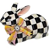 MACKENZIE-CHILDS Resin Bunny Figurine, Black-and-White Courtly Check | Hand-painted design, resting rabbit figurine decoration for spring, 4" W x 10" L x 6.25" H