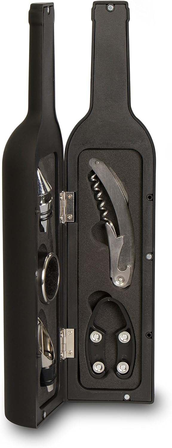 Grinscard Sommelierset im Wine Bottle Design - Schwarz 5 Teile - Weinset mit Dekanter Entkorker Tropfring und Folienschneider