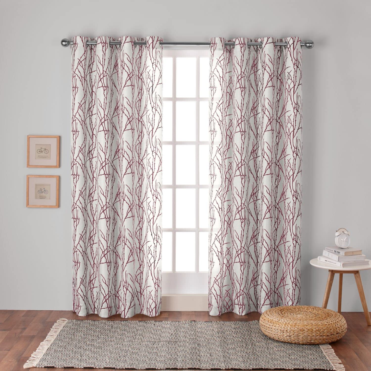 Exclusive Home Branches Linen Blend Grommet Top Curtain Panel Pair, 54"x96", Burgundy Image
