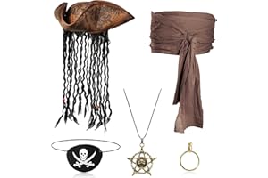 Sintege 5 Pieces Pirate Costume Set, Pirate Hat with Dreadlock Earrings Skull Necklace Eye Patch Sash for Men Women(Khaki)