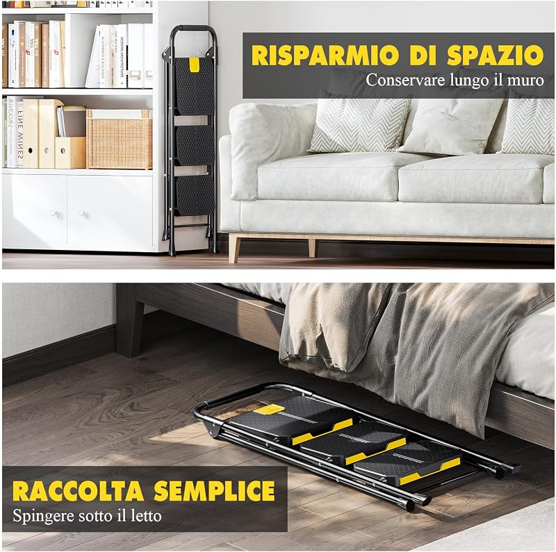 Scaletta 3 Gradini, Scala Pieghevole Domestica con Blocco di Sicurezza, Acciaio Portata 360kg con Ampio Pedale Antiscivolo, Corrimano Comoda, Cucina Casa Ufficio, Nero