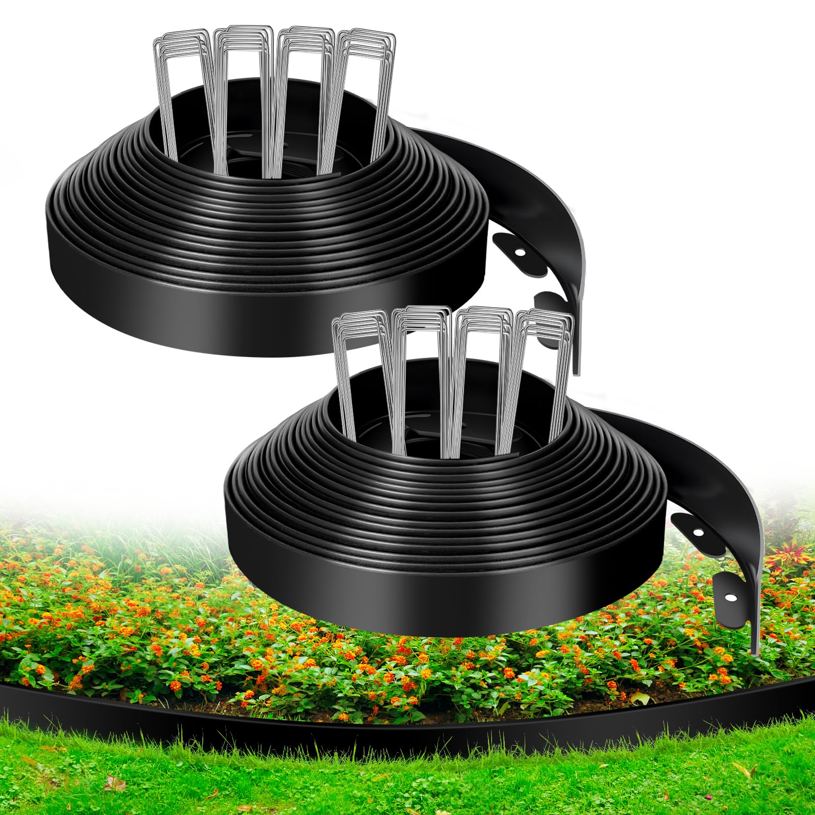 Photo 1 of 1.5 Inch x 100 FT Landscape Edging, Garden Edging Borders with 100pcs Upgrade Stakes, Flexible No Dig Plastic Garden Border for Lawn, Landscaping, Flower Beds and Yard