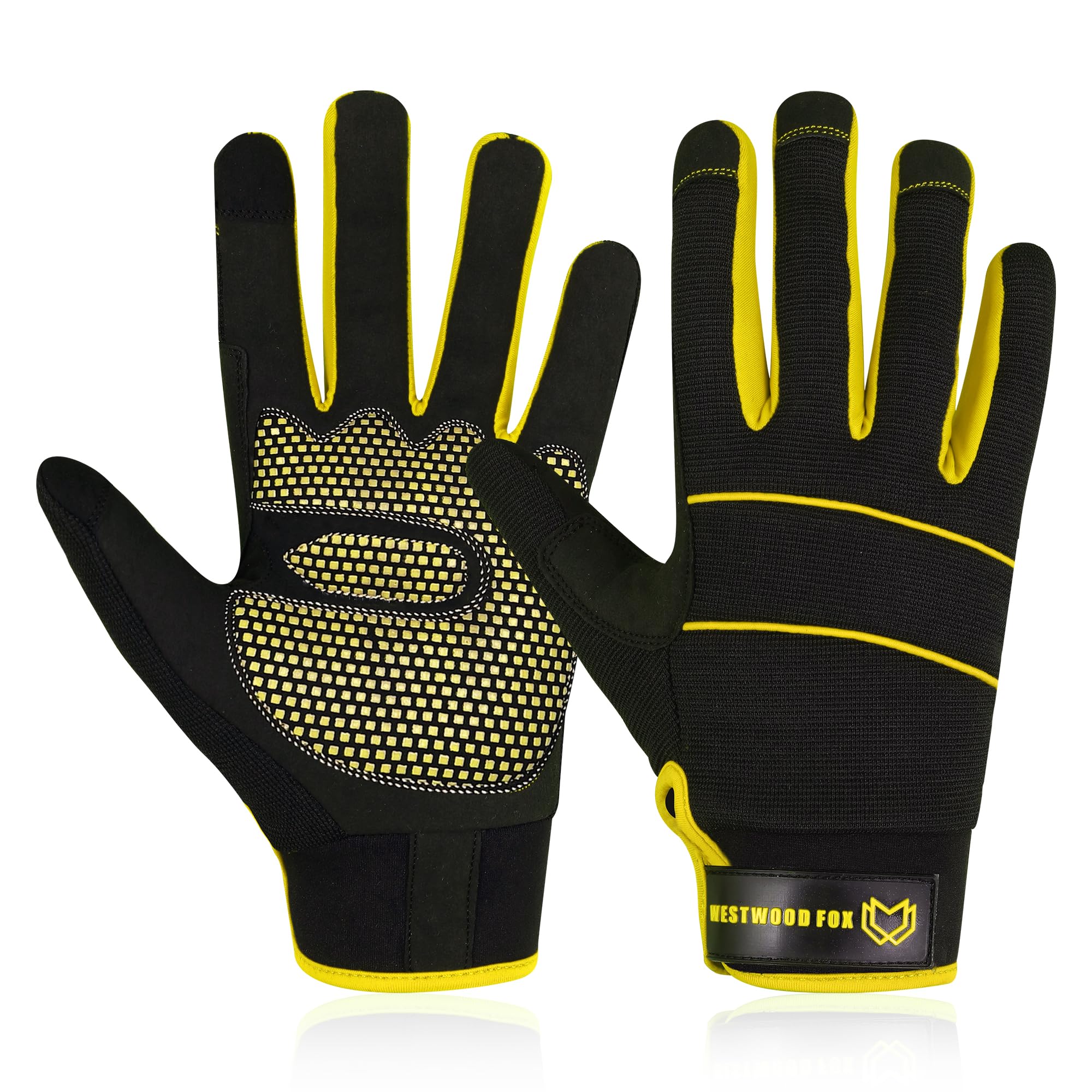 WESTWOOD FOX Mens Working Gloves Utility Workman Mechanic Gloves Touch Screen Anti slip Palm Padded Knuckles Safety Work Gloves Rigger Mechanic (Yellow, L)