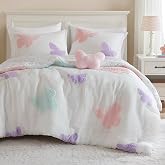 Intelligent Design Kids Girls Butterflies Multi Queen Comforter Set, 4pc | Children Bedroom, Children Bedding Full Size, Tufted Chenille, Pink Polka Dot, Reversible, Machine Washable, All-Season