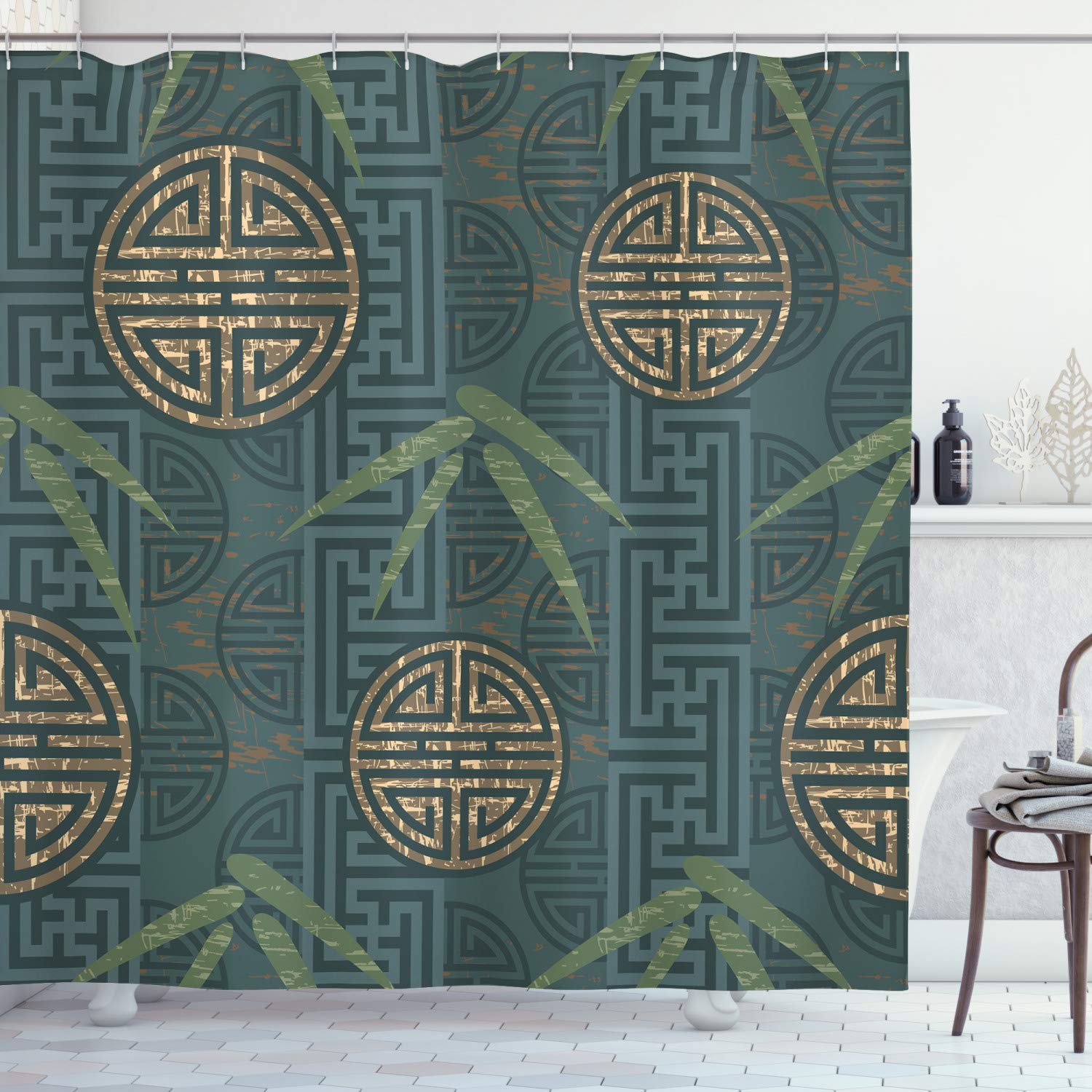 ABAKUHAUS Bamboo Shower Curtain, Style Composition Oriental Motifs Leaves Eastern Elements, Cloth Fabric Bathroom Decor Set with Hooks, 70 Inches, Teal Ivory Tan