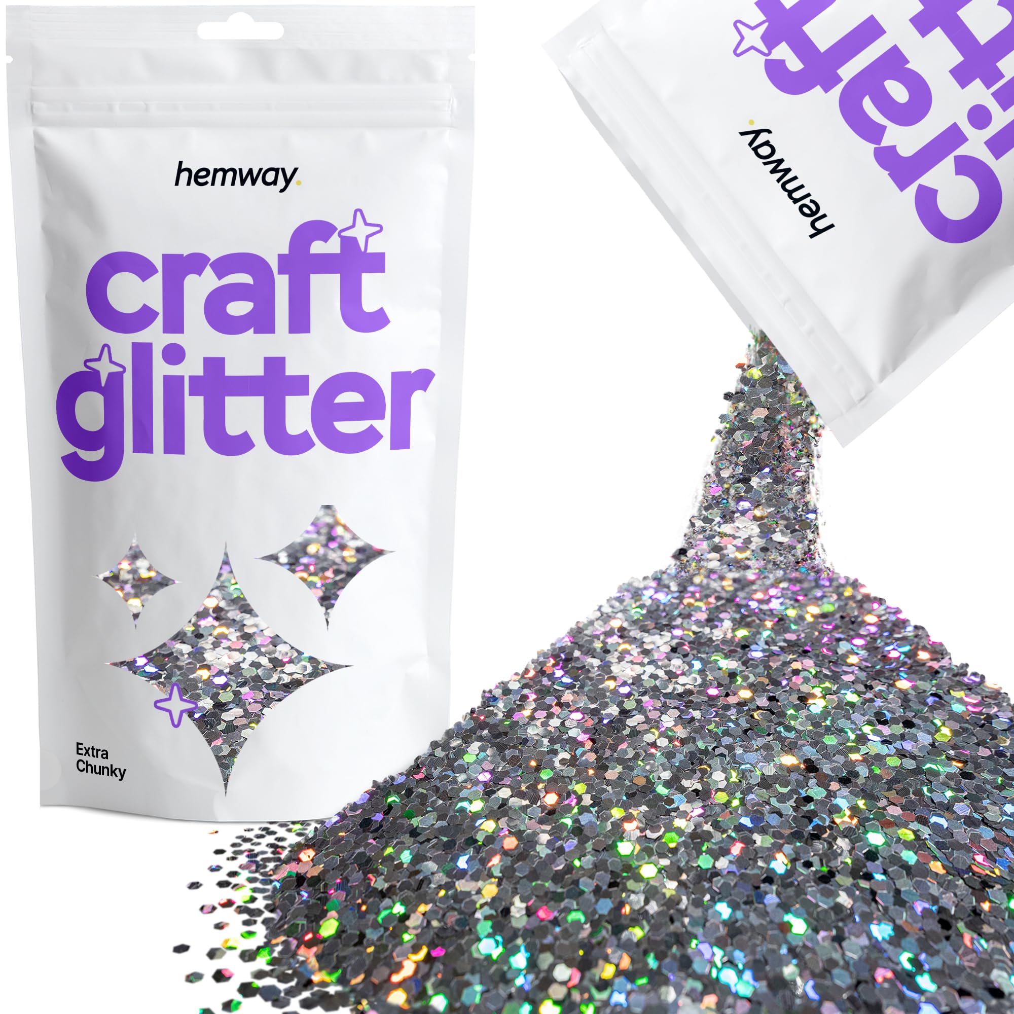 Hemway Craft Glitter Gun Metal Grey Holographic 100g Extra Chunky Glitter for Crafts, Resin, Cosmetic, Nail, Face, Body, Festival, Tumblers, Art, Candle, Crafting