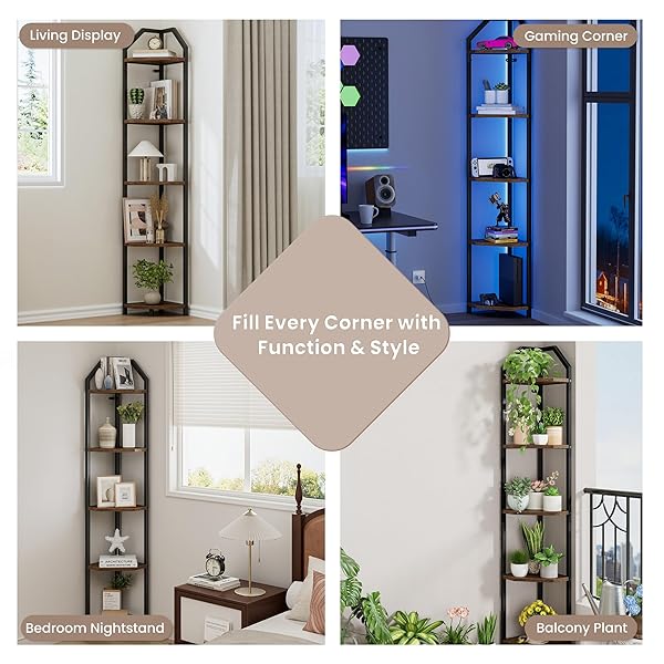 REALGULF 70 INCH CORNER SHELF WITH LED LIGHTS, 5-TIER CORNER BOOKSHELF FOR SMALL SPACES, WOOD & METAL STORAGE RACK FOR BEDROOM, LIVING ROOM, OFFICE – MODERN SPACE SAVING DESIGN- BROWN