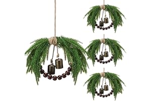 Dingion 4 Pcs Mini Christmas Norfolk Wreath Evergreen 8.6 Inch Christmas Kitchen Cabinet Small Wreath with Wood Bead Rustic F