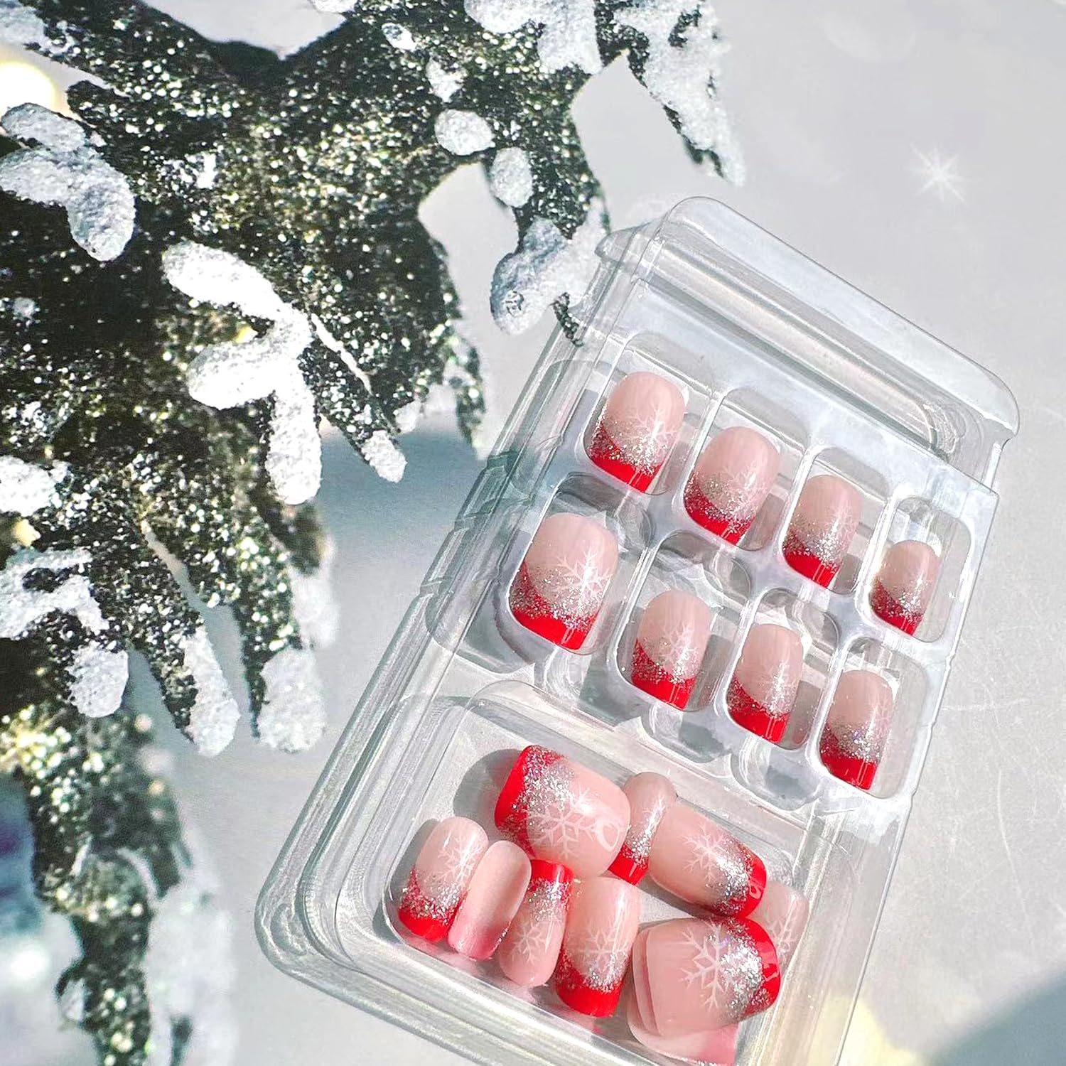 Christmas Press on Nails Short Square with French Glitter Design,Snowflake Fake Nails Red Glossy Sparkly Silver Xmas Nail White Snow Full Cover Glue on Nails False Nail Winter Stick on Nails for Women - Image 4