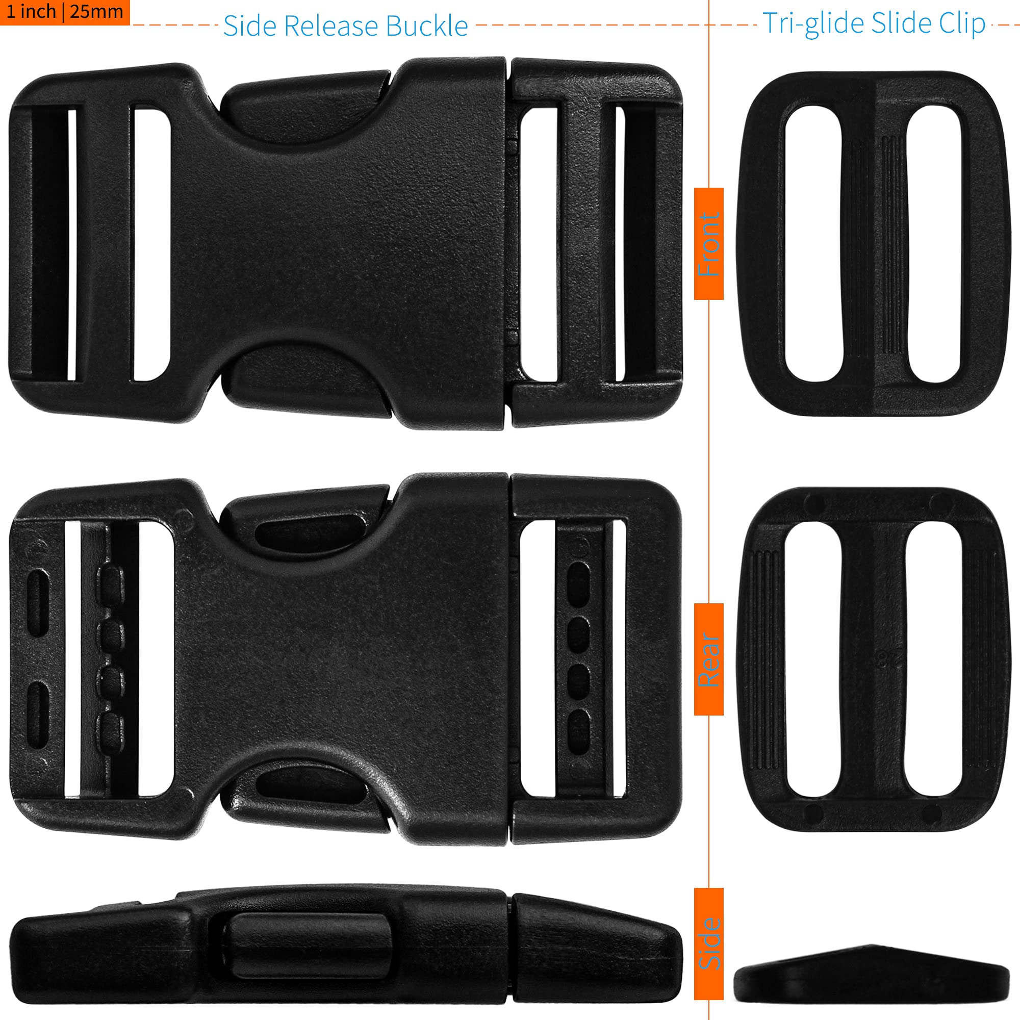Buckles for 1 inch Wide Webbing Straps: Quick Side Release Buckle 10 set and Tri-Glide Slide 20 pcs Fit 1