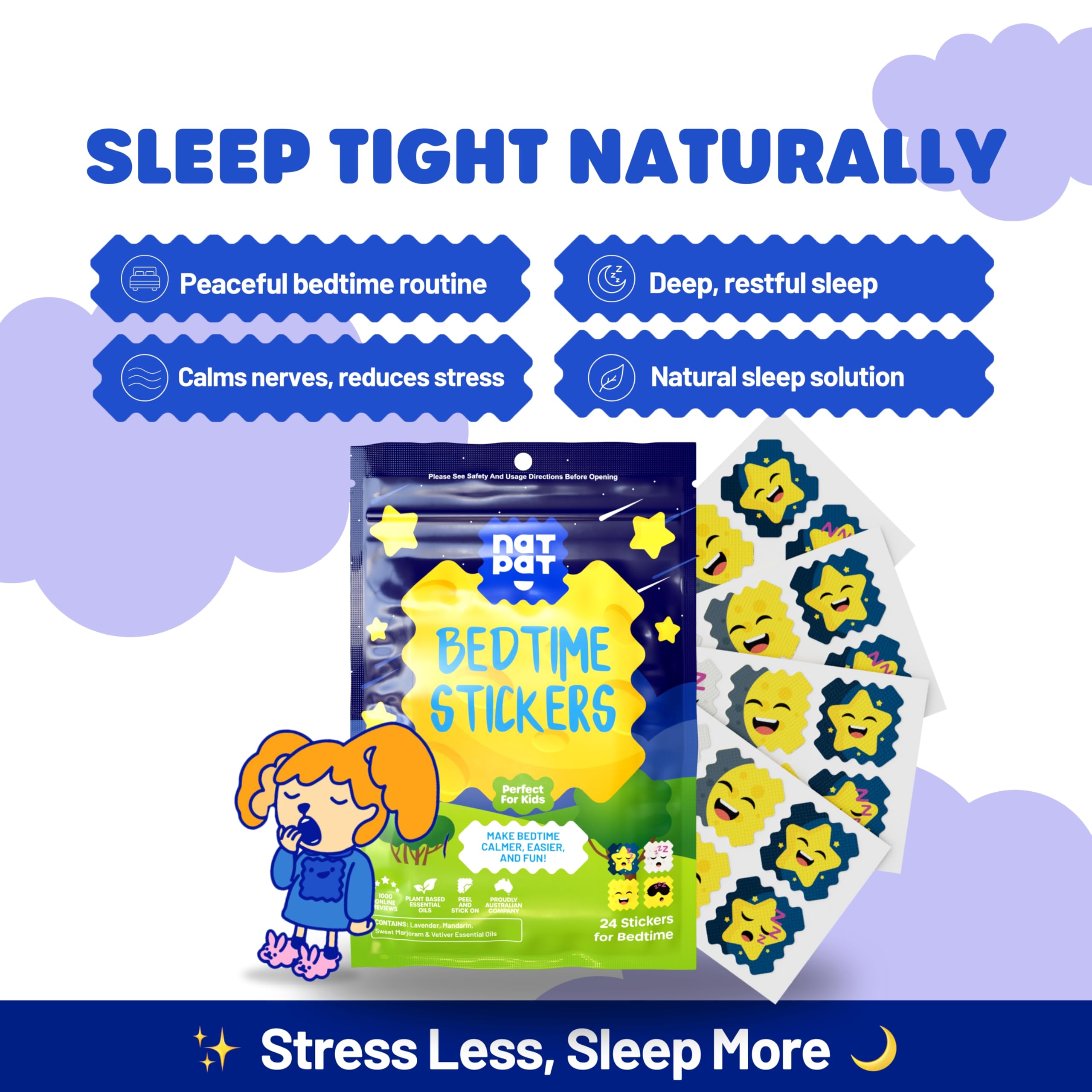NATPAT Sleepy Patch Bed Time Stickers for Kids - Sleep Promoting Patch - Non-Toxic Solution for Better Sleep - Chemical & Drug Free, Melatonin Free - Buzz Patch Natural Patch (24 Pack)