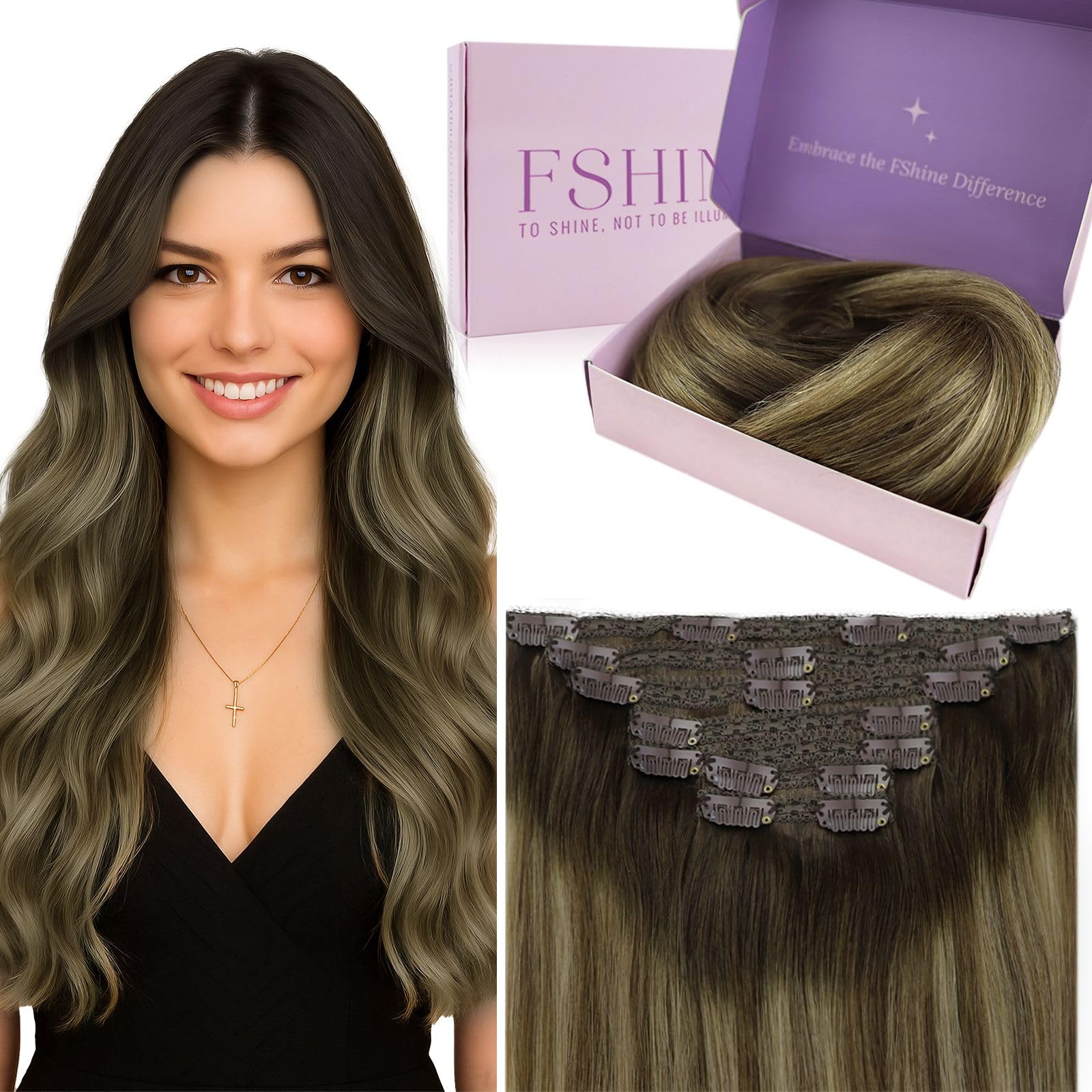 Fshine Human Remy Hair Clip in Extensions 20 Inch Balayage Medium Brown with Platinum Blonde Hair Extensions Clip in Human Hair 7Pcs 120g Thick Real Hair Extensions Clip In Human Hair — image 1