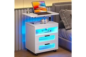 HNEBC Nightstand with Wireless Charging Station, LED Nightstand Has Adjustable Rotary Workstation,Smart Night Stand with 2 Drawers,Modern Bedside Table for Bedroom Furniture,Sensor Light/Wheel (White)