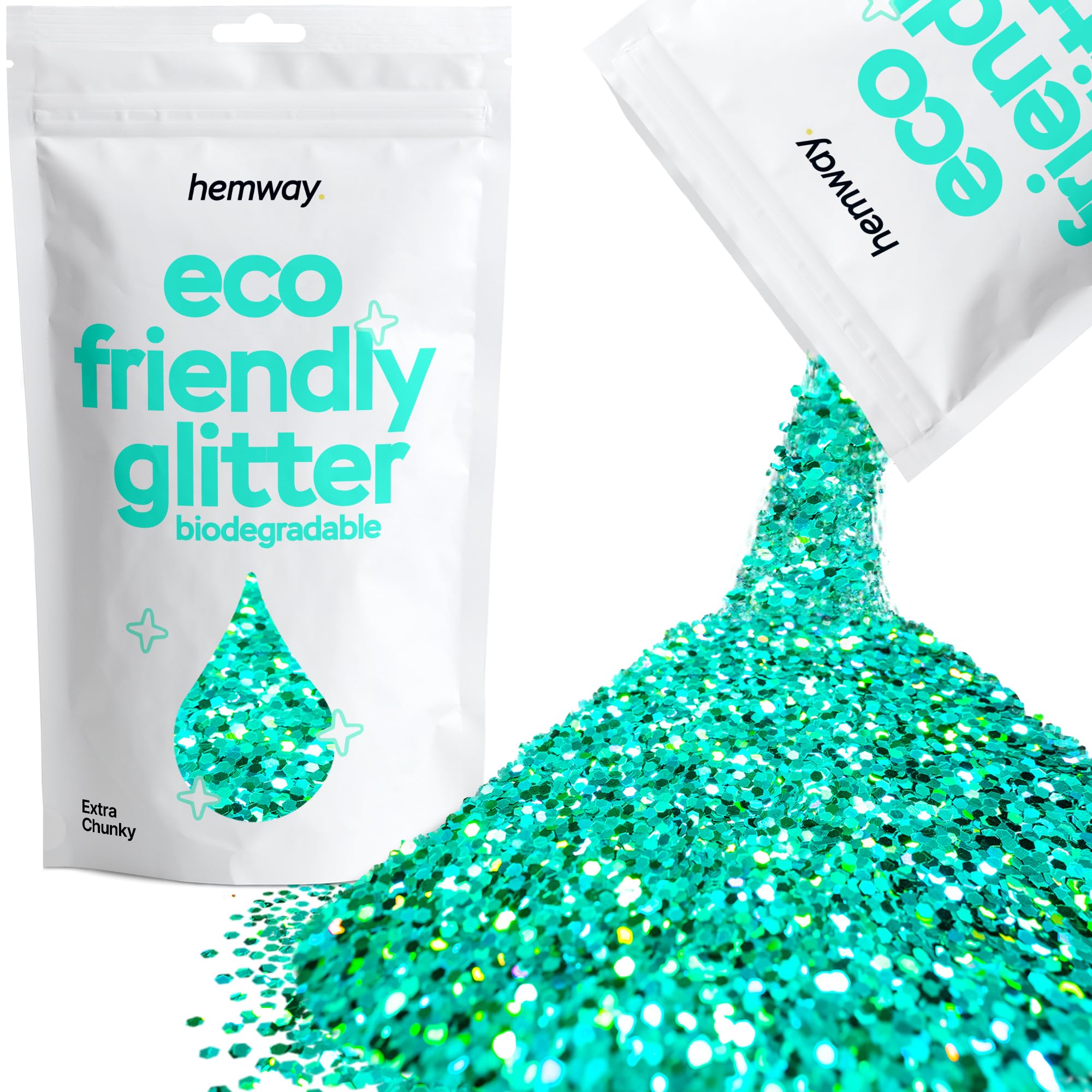 Eco Friendly Biodegradable Glitter | Turquoise Blue Holographic - Extra Chunky 100g, Plant Based, Biodegradable Glitter for Craft, Face, Hair, Nail, Body and Festival - Hemway — image 1