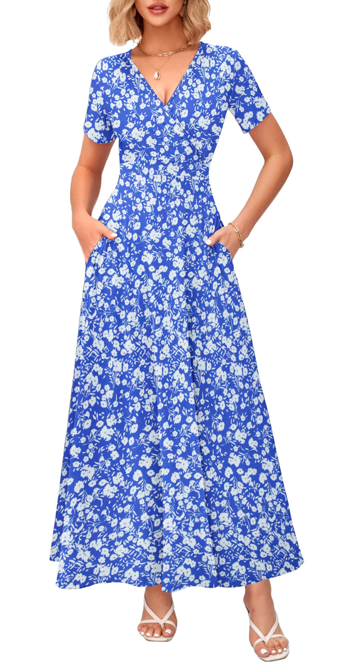 WNEEDU Women's Summer Maxi Dress Short Sleeves Wrap V Neck Long Dresses with Pockets(Floral Blue White,XL) Image