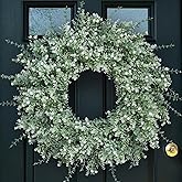 26'' Large Eucalyptus Wreath for Front Door, Porch- Artificial Eucalyptus and Lavender with Babys Breath Flowers Wreath for Home, Farmhouse Wall Decor- Spring, Summer, Fall, All Seasons (White-Green)