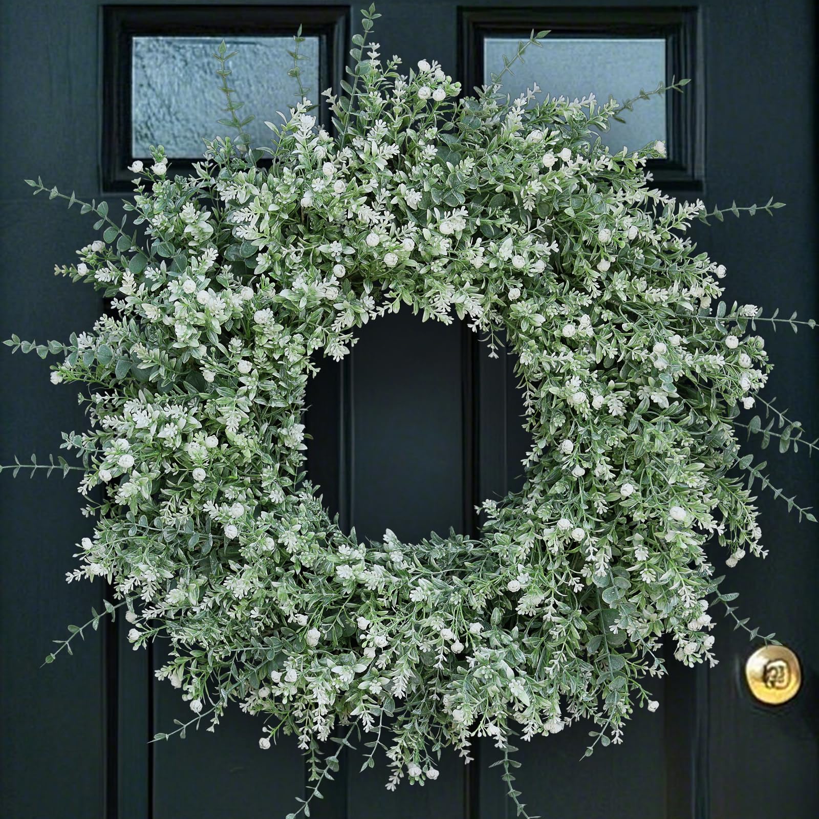 Photo 1 of 26'' Large Eucalyptus Wreath for Front Door, Porch- Artificial Eucalyptus and Lavender with Babys Breath Flowers Wreath for Home, Farmhouse Wall Decor- Spring, Summer, Fall, All Seasons (White-Green)