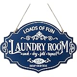 BetyHom 13×9 in Distressed Blue Wooden Laundry Room Wall Decor Sign Self Service Laundry Signs with Hang Rope