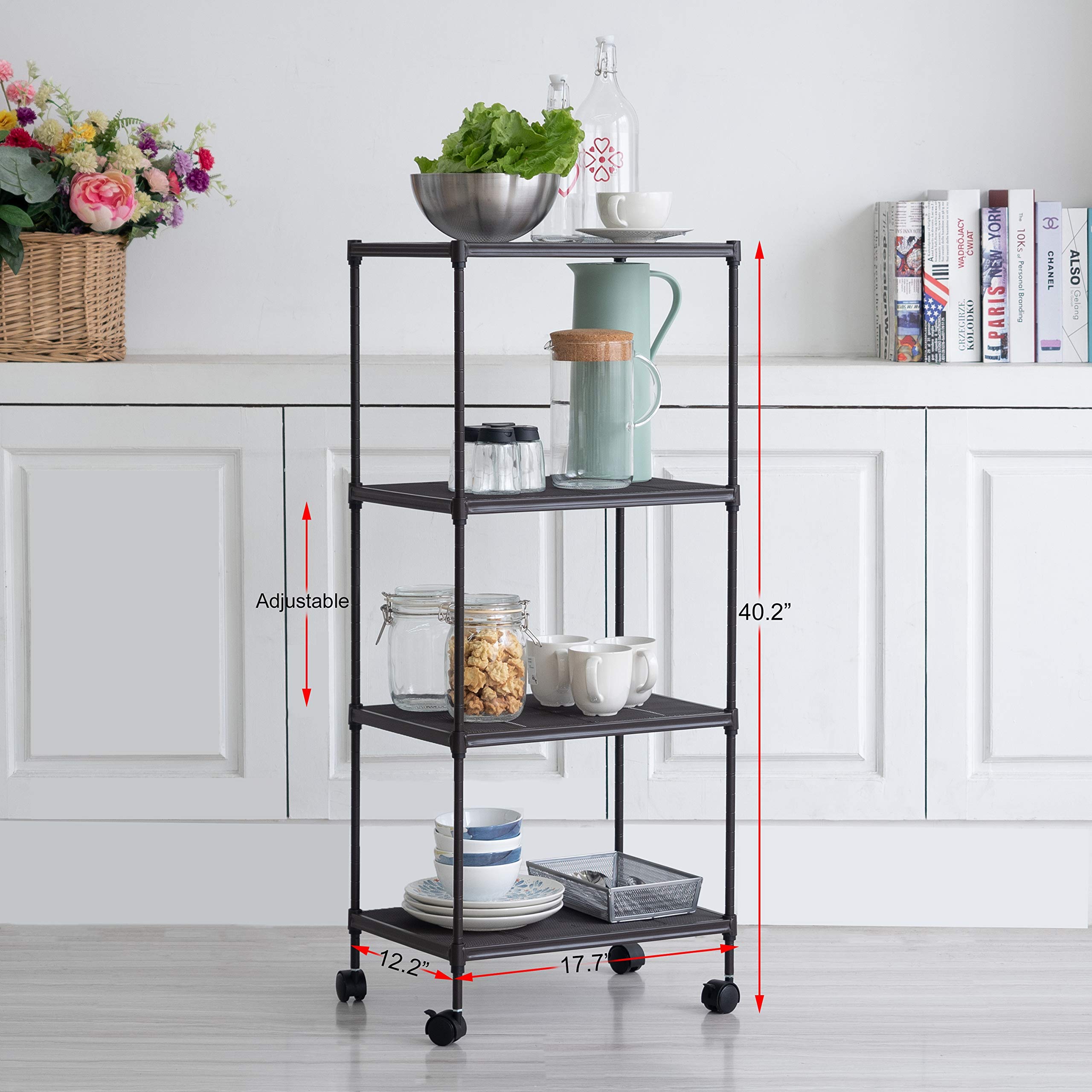 Iris\'Home 4-Tier Mesh Freestanding Bathroom Storage Shelf on Wheels, Restroom Shelves,Towel Organizer/Tower/Shelf, Metal Corner Shelf- Grey