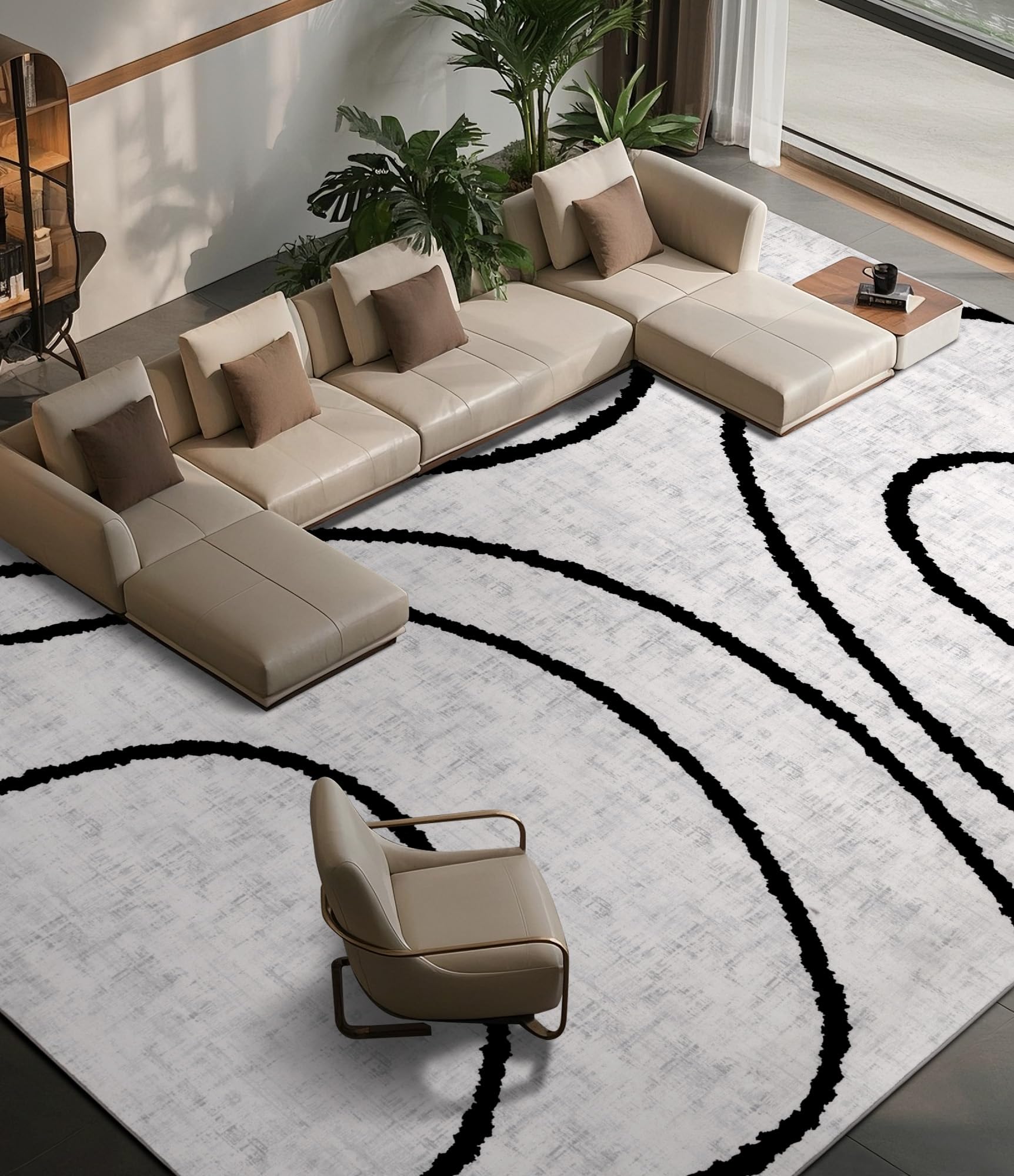 Photo 1 of YIHOUSE Modern Area Rugs for Living Room, 9x12 Washable Black and White Rug, Thin Abstract Geometric Striped Rug, Area Rug for Bedroom,Kitchen,Dining Room,Office