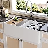 DeerValley Farmhouse Sink Workstation, 33 inch White Fireclay Apron Front Farm Sinks, Double Bowl Deep Drop-in Undermount Sin