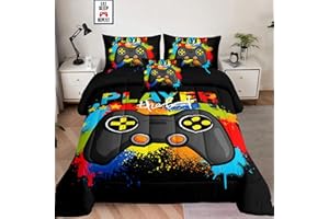 LRIS BEDDING 5 Pieces Bed in a Bag for Gaming Bedding Set,Boys Gamer Comforter Set with Flat Sheet,Fitted Sheet,Pillowcases,Cushion Cover,Game Console Pattern Bed Set for Kids Boys Room Decor