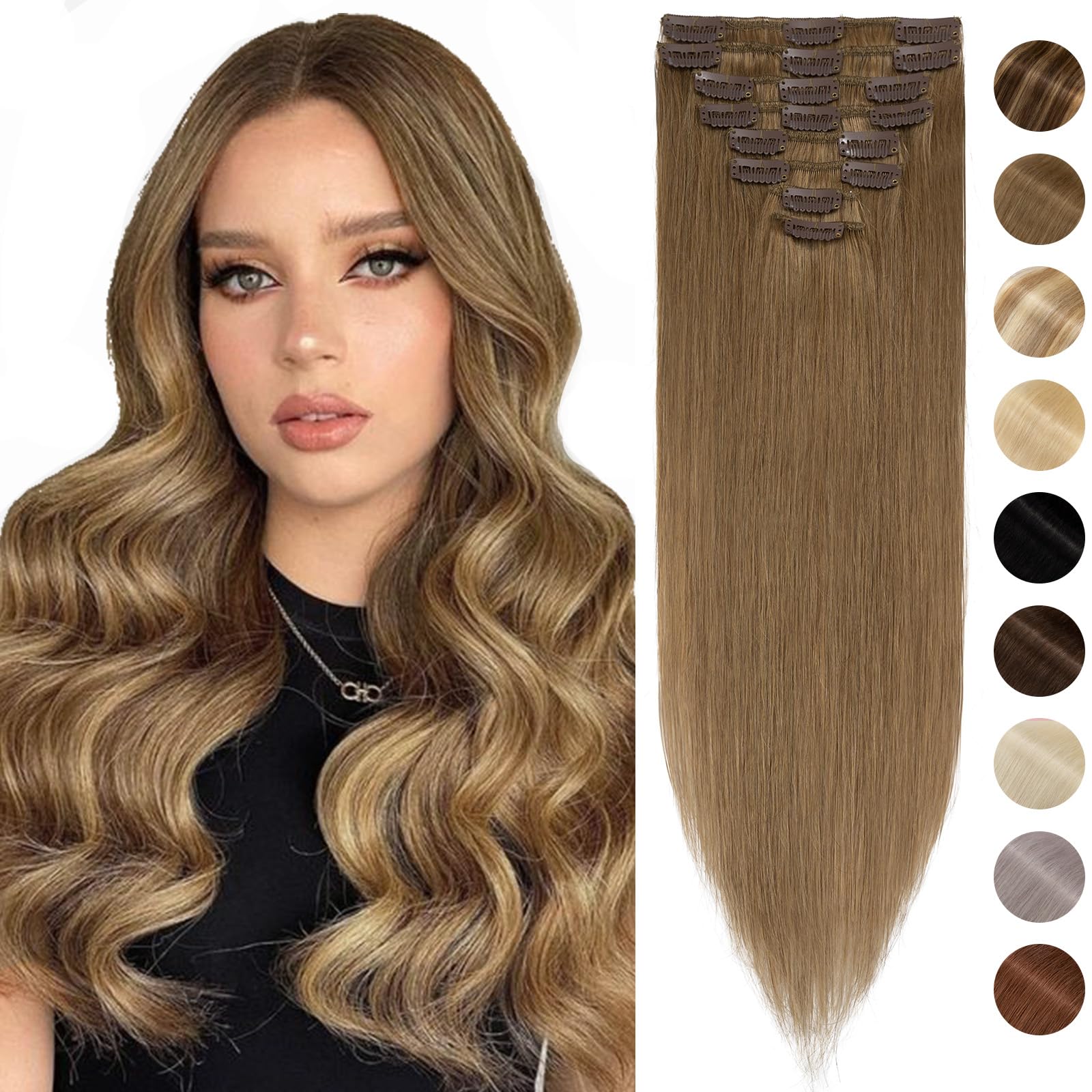 Silk-co Hair Extensions Clip in Hair Extensions Real Human Hair 14 Inch 8PCS Hair Pieces 100% Real Remy Straight Hair Extension 60g -Basic Thickness-Thin Weft #06 Light Brown