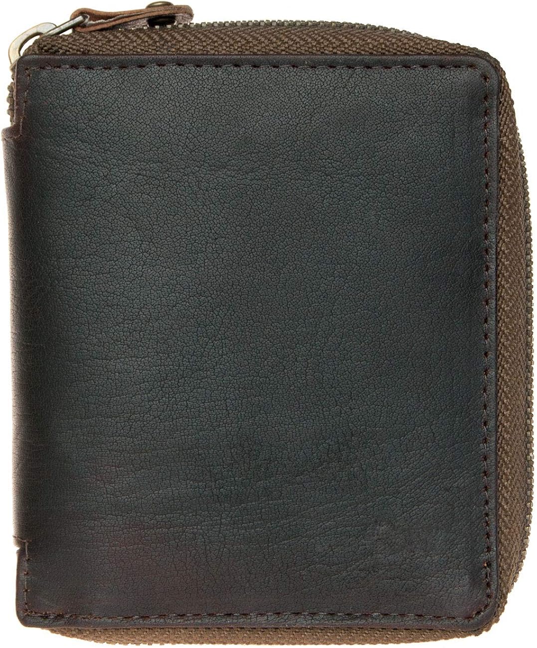 FLW Small Strong Oiled Genuine Leather Wallet With Metal Zipper Around Without Logos, Brown