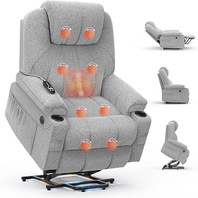 BareTay Power Lift Recliner Chair with Massage Heat USB Type C 2 Cup Holders