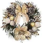 24” Champagne Christmas Wreaths for Front Door with Magnolia Fake Pearl, Christmas Door Wreath with Bow Golden Balls, Pine Needles Pine Cones for Home Wall Window Indoor Outdoor Xmas & Holiday Decor