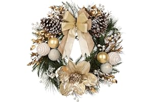 NATURE CRAFTED 24” Champagne Christmas Wreaths for Front Door with Magnolia Fake Pearl, Christmas Door Wreath with Bow Golden Balls, Pine Needles Pine Cones for Home Wall Window Indoor Outdoor Xmas & Holiday Decor
